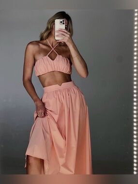 Byegreis Women's Peach Maxi Skirt Ser- Elegant High-Waist Flowing Skirt and Crop